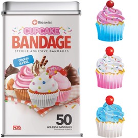 BioSwiss Bandages, Cupcake Shaped Self Adhesive Bandage, Latex Free Sterile Wound Care, Fun First Aid Kit Supplies for Kids, 50 Count