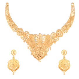 Efulgenz Gold Tone Indian Jewelry Sets for Women - Dubai Style Floral Heart Shape Choker Necklace & Dangle Earrings - Bridal & Wedding Fashion Jewelry