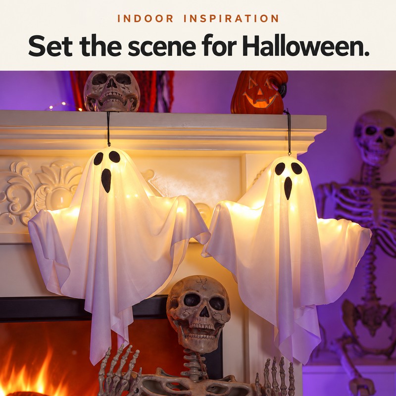 2-Pack Light-Up Hanging Ghost Decorations for Halloween – Warm LED