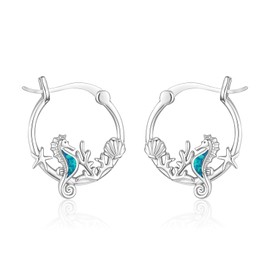 KoyeKei Seahorse Hoop Earrings for Women 925 Sterling Silver Sea horse Huggie Earrings Blue Opal Beach Ocean Themed Jewelry Seahorse Gifts for Daughter Girlfriend