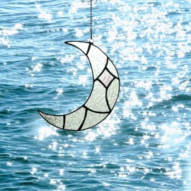 Moon Stained Glass Suncatcher for Window Hangings, Handcrafted Art Glass Crescent Moon Decorations Indoor Window for Living Room Bedroom (Silver)