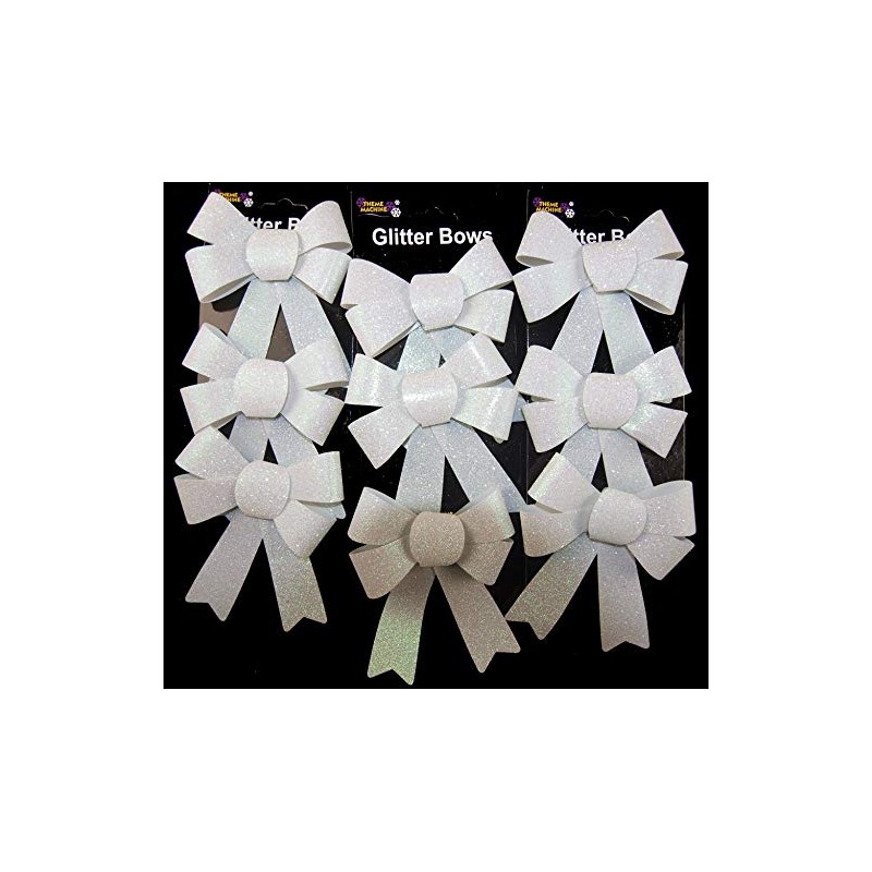 Theme Machine Set Of 9 Glitter WHITE Bow Christmas Tree