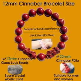 biuufish Feng Shui Bracelet Cinnabar Bracelet, 12mm Red Cinnabar Pixiu Bracelet for Men Women, Prayer Beads Dragon Protection Bracelets Jewelry Gifts Can Bring Good Luck, Wealth and Health