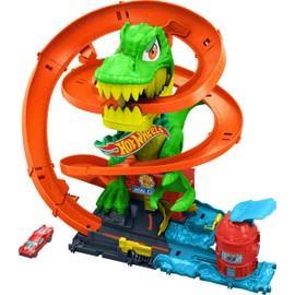 Hot Wheels Toy Car Track Set, City T-Rex Blaze Battle Playset & 1:64 Scale Die-Cast Vehicle, 18” Tall, Multiple Race Outcomes, Spinning Dinosaur Eyes