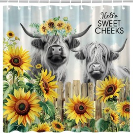 Farmhouse Highland Cow Shower Curtain Western Bull Cattle with Sunflower Floral Butterfly Rustic Wooden Fence Farm Country Animal Polyester Fabric Bathroom Curtain with Hooks