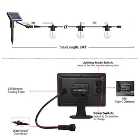 SUNTHIN 24ft Solar String Lights, USB Rechargeable Solar Outdoor Lights with Waterproof & Shatterproof LED Bulbs for Patio, Porch, Garden, Deck, Bistro, Cafe, Camping