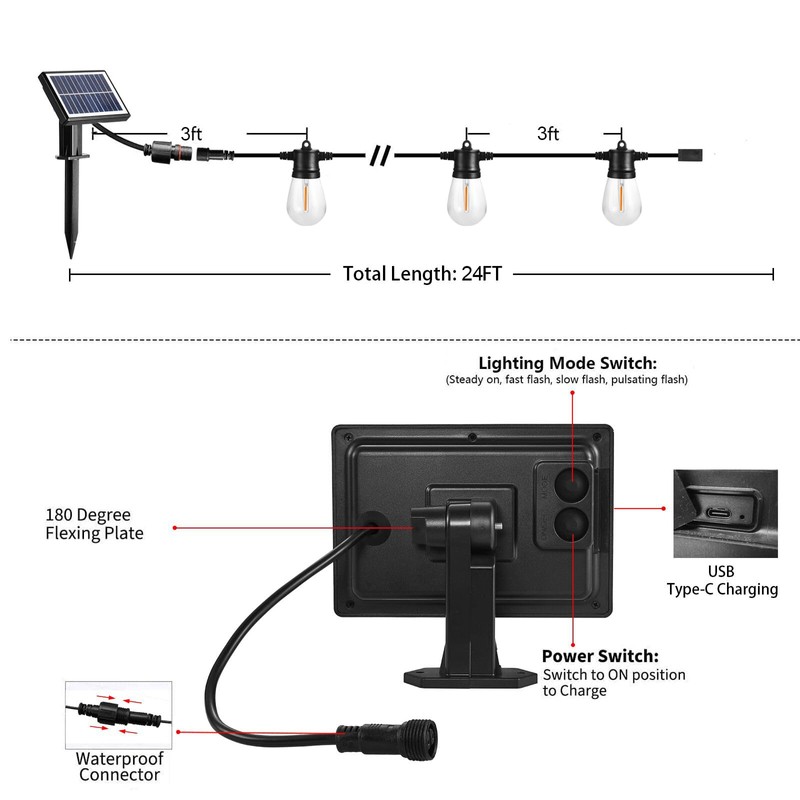 SUNTHIN 24ft Solar String Lights, USB Rechargeable Solar Outdoor Lights