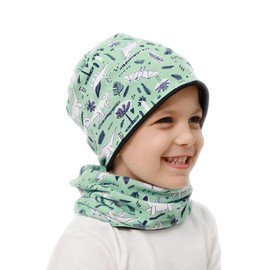 Uniyoung Baby Boys Cotton Beanie Hat and Collar Scarf Set Kids Toddler Warm Skull Cap Scarves Neck Warmer for Spring Autumn Winter (UK, Age, 3 Years, 6 Years, Green Dinosaur)
