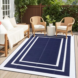 OLANLY Outdoor Rug 5x8 ft Waterproof, Reversible Plastic Straw Rug, RV Mat, Indoor Outdoor Carpet Clearance for Patio, Camping, Balcony, Deck, Backyard, Navy & White