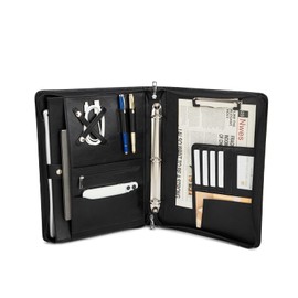 Geslun Vegan Leather Portfolio 3 Ring Binder with Clipboard, Hidden Handle, 8.5 x 11 Zippered Padfolio, Business Organizer Professional Executive Folio for Men and Women, Black