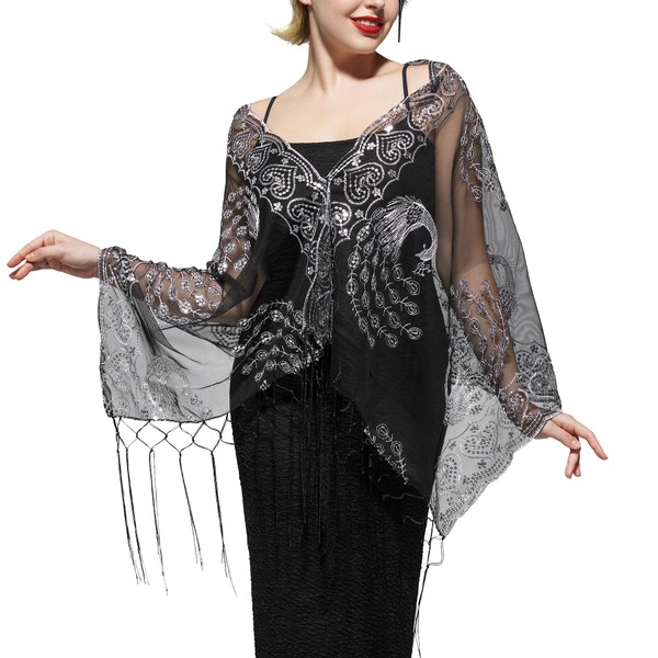SWEETV Women's 1920s Long Shawl Wraps,Sequin Flapper Evening Shawls for