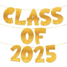 TOYVENTURES Graduation Gold Decorations Set - Congrats Grad Banner, Class of 2025 Backdrop, Party Supplies for High School & College Celebrations Degree PHD (Pre-strung, No DIY Required)