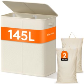 Lifewit Double Laundry Hamper with Lid and Removable Laundry Bags, Large Collapsible 3 Dividers Dirty Clothes Basket with Handles for Bedroom, Laundry Room, Closet, Bathroom, College, 145L White