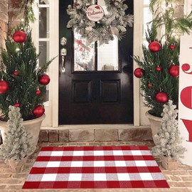 Christmas Red and White Plaid Rug - 28 x 43 Inches Outdoor Front Door Decor Mat Cotton Washable Hand-Woven Rug Christmas New Year Holiday Porch Entryway Layered Doormat