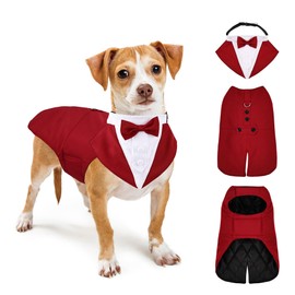Dog Wedding Outfi Stylish Suit Bow Tie Costume Cold Weather Warm Flannel Lining Christmas Party Formal Tuxedo (Burgundy,L)