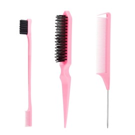 Slick Back Hair Brush Set with Rat Tail Comb, Edge Brush & Teasing Brush - Pink, 3 Pieces, Soft Nylon Bristles, Plastic Handle, All Hair Use - Color: Pink