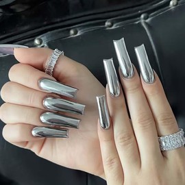 Square Press On Nails Long Fake Nails Chrome False Nails With Mirror Metallic Design Sliver Glue On Nails Full Cover Acrylic Artificial Nail Glossy Reusable Stick On Nail For Women 24pcs