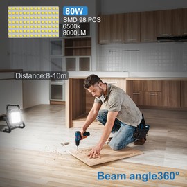 MEIHUA 80W LED Work Light with Stand, 8000LM LED Flood Lights, 800W Equivalent, IP65 Waterproof 11.48FT Cable with Plug Switch, 6500K, Brightness Adjustable Job Site Light for Garage Workshop