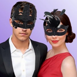 Ubauta Various Venetian Couple Masks For Masquerade/Party/Ball Prom/Mardi Gras/Wedding/Wall Decoration, Black Feather Masks for Couples, One Size