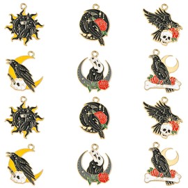 KitBeads 30Pcs 6 Styles Sun Moon Raven Charms Enamel Gothic Black Bird Charms Rose Crow Skull Charms for Jewelry Making Bracelets Necklaces Bulk, Enamel, No Gemstone