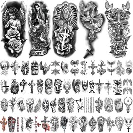 77 Sheets Christian Temporary Tattoo Adult, Religious Jesus Christ Cross Angels God Half Arm Fake Tattoos, Christ Catholic Realistic Tiny Body Temporary Tattoos for Men and Women Kids