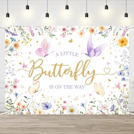 AIBIIN 7x5ft Wildflower Butterfly Baby Shower Backdrop A Little Butterfly is On The Way Baby Shower Decorations for Sweet Baby Girl Watercolor Spring Themed Baby Shower Decoration