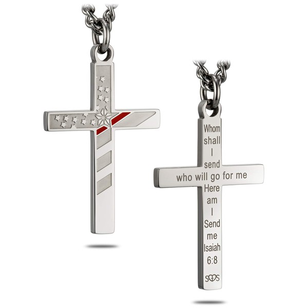 Patriotic Thin Red Line Stainless Steel Flag Cross Necklace for