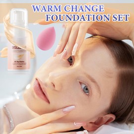 2PCS Color Changing Foundation,Full Coverage Flawless Non-greasy Liquid Foundation Set with Makeup Brush and Makeup Sponge,Suitable for All Skin Types C
