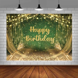 AIBIIN 7x5ft Green Gold Birthday Backdrop Happy Birthday Photography Background Gold Glitter Birthday Prom Party Decorations Banner Photo Studio Props