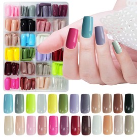 LoveOurHome 576pc Square Press on Nails Kit Colored Medium Square Fake Nails Full Cover Artificial Fingernails Acrylic Tips Manicure Design Decor 24 Colors 10 Size for Women Teens Kids (Glossy Square)