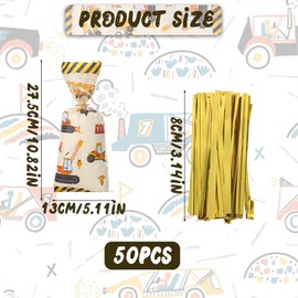 JJUNW 50 Pcs Construction Gift Bags, Construction Excavator Birthday Party Supplies, Yellow Truck Theme Candy Bags with Gold Twist Tie for Kids, Birthday Party Gift Bags