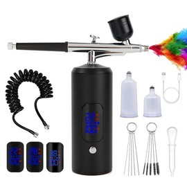 With compressor - Pink portable handheld gun, USB charging, adjustable 3 pressures, digital display, for precision painting, tattoo, manicure, makeup, etc., tattoo essentials | portable compressor | charging equipment, airbrush accessories - Color: black