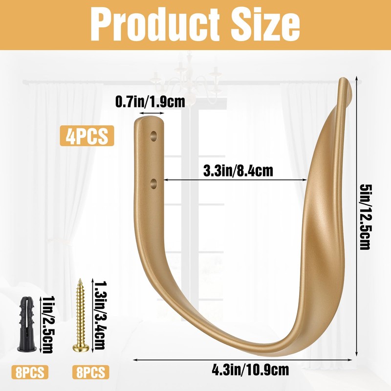 4 Pcs Gold Curtain Holdbacks, Heavy Duty Aluminum Alloy Wall