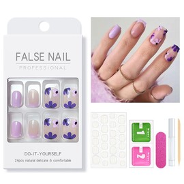 Yivaiks 24 Pcs Purple French Tip Press on Nails Short, Flower Design Fake Nails With Nail Glue on Nails for Women, Acrylic False Nails for Everyday Wear