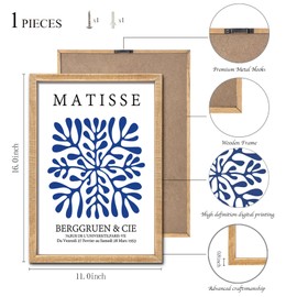 Framed Matisse Wall Art, Large Minimalist Blue Abstract Flower Pictures Artwork Painting, Wooden Vintage Boho Wall Decor for Living Room Bedroom Bathroom 11x16 Inch