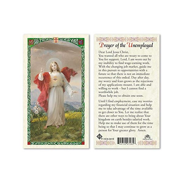 Sacred Heart of Jesus Prayer for the Unemployed. Laminated 2-Sided Holy Card (3 Cards per Order)