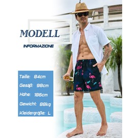 KBVOT Men's Swimming Trunks with Compression Liner, Quick-Drying Swimming Shorts, Short Board Shorts, 2-in-1 Bathing Trunks with Inner Shorts, Surfing/Beach Shorts, Black flamingo