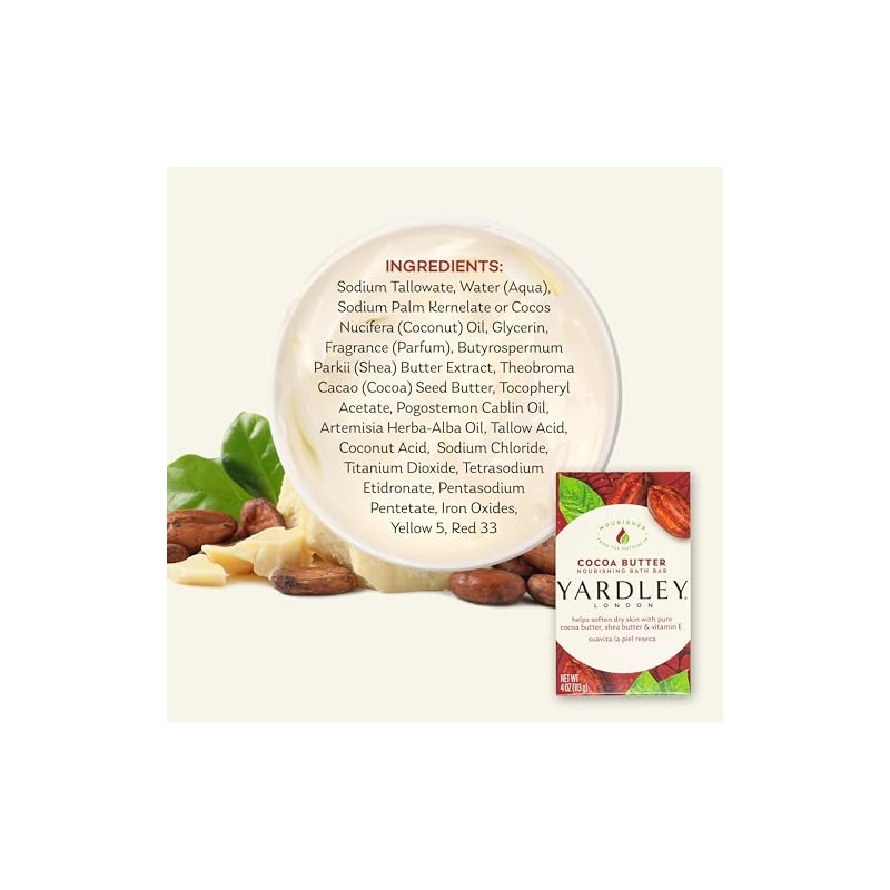 Yardley London Cocoa Butter Bar Soap, Unisex, 4.25 oz