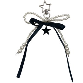 GrandslamEX Ribbon, Pearl, Heart Accessory, Charm, Keyring, Keychain, Strap, Keychain, Smartphone Pouch, AirPods Pro, Wallet, Cute, Simple, Stylish, Korean Star Carabiner (Black Star), Plastic, No