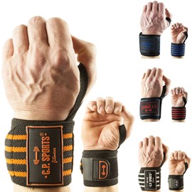 C.P. Sports Handgelenk-Bandagen Strongman Bodybuilding I mit starkem Klettverschluss & Daumenspannschlaufe I Handgelenkstütze für Sicherheit & max. Stabilität bei Fitness & Kraftsport I 8 Farben (Orange-50cm)