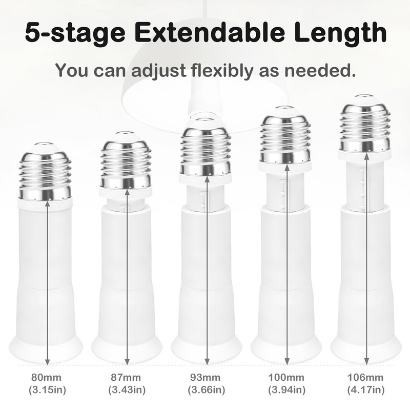 2 Pack E26 Light Socket Extender, ATREFUU 5-Level Extension Length
