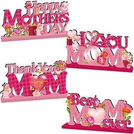 4Pcs Mothers Day Decorations Wooden Table Centerpieces, Pink Heart Flower Happy Mothers Day Table Decorations Thank You Mom Wood Sign for Home Decor
