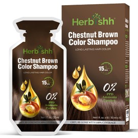Herbishh Chestnut Brown Hair Shampoo, Hair Color for Gray Coverage, 3 in 1 Hair Dye Shampoo - champu para tenir el cabello, Colors in Minutes, Easy to Use PPD Free Pouch 30mlx10p