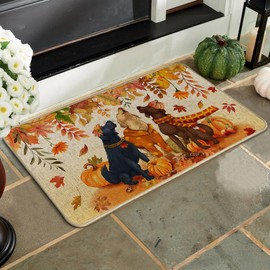 Fall Dog Pumpkin Front Door Mat Indoor Outdoor Entrance 17x29, Autumn Thanksgiving Maple Leaves Doormat Inside Outside Entrance Home Decor