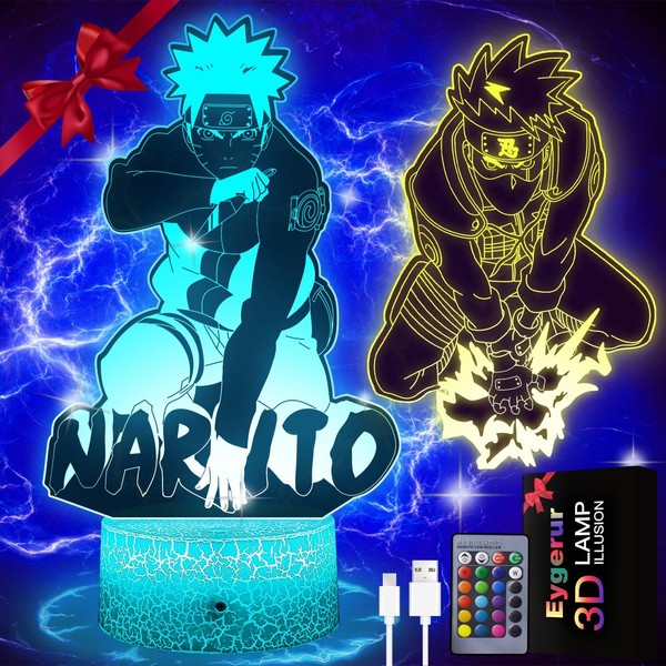 Eygerur Naruto Night Light, Kakashi & Naruto 3D LED Illusion Lamp, 16 Colours, Anime Naruto Light, USB Smart Touch Button, Remote Control, Table Lamp, Naruto Gift for Children, Men, Naruto Fans