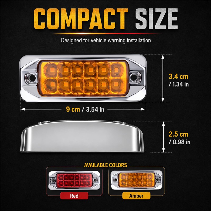 3.5 Inch 2 Red 2 Amber 12 LED Chrome Rectangular