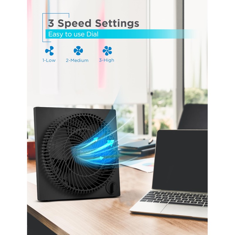 BLACK+DECKER 9-Inch Frameless Box Fan, Freestanding Desk Fan with 3-Speed