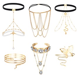 Kakonia 6PCS Arm Cuff Thigh Chain Jewellery for Women Body Jewellery Adjustable Rhinestone Layered Thigh Chains Snake Crystal Leg Chain Butterfly Snake Arm Bracelet Upper Arm