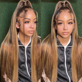 Highlight Lace Front Wigs for Black Women 13X4 HD Transparent Honey Blonde Lace Front Wigs with Pre Plucked Natrural Hairline and Baby Hair for Women (Blonde Highlight)