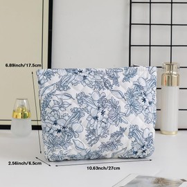 2 Pack Quilted Cotton Makeup Bags for Women,Large Cosmetic Organizer Pouches,Portable Travel Toiletry Bags Cute Small Brushes Storage Pouch with Zipper for Purse,Floral Black